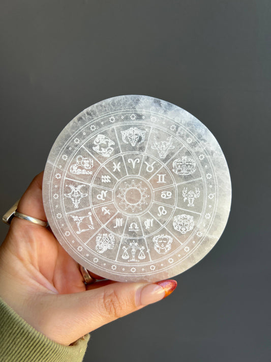 Selenite Etched Zodiac Crystal Plate